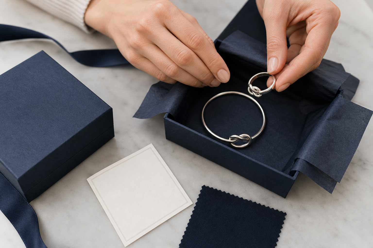 Silver Glow jewelry care packaging with sterling silver pieces