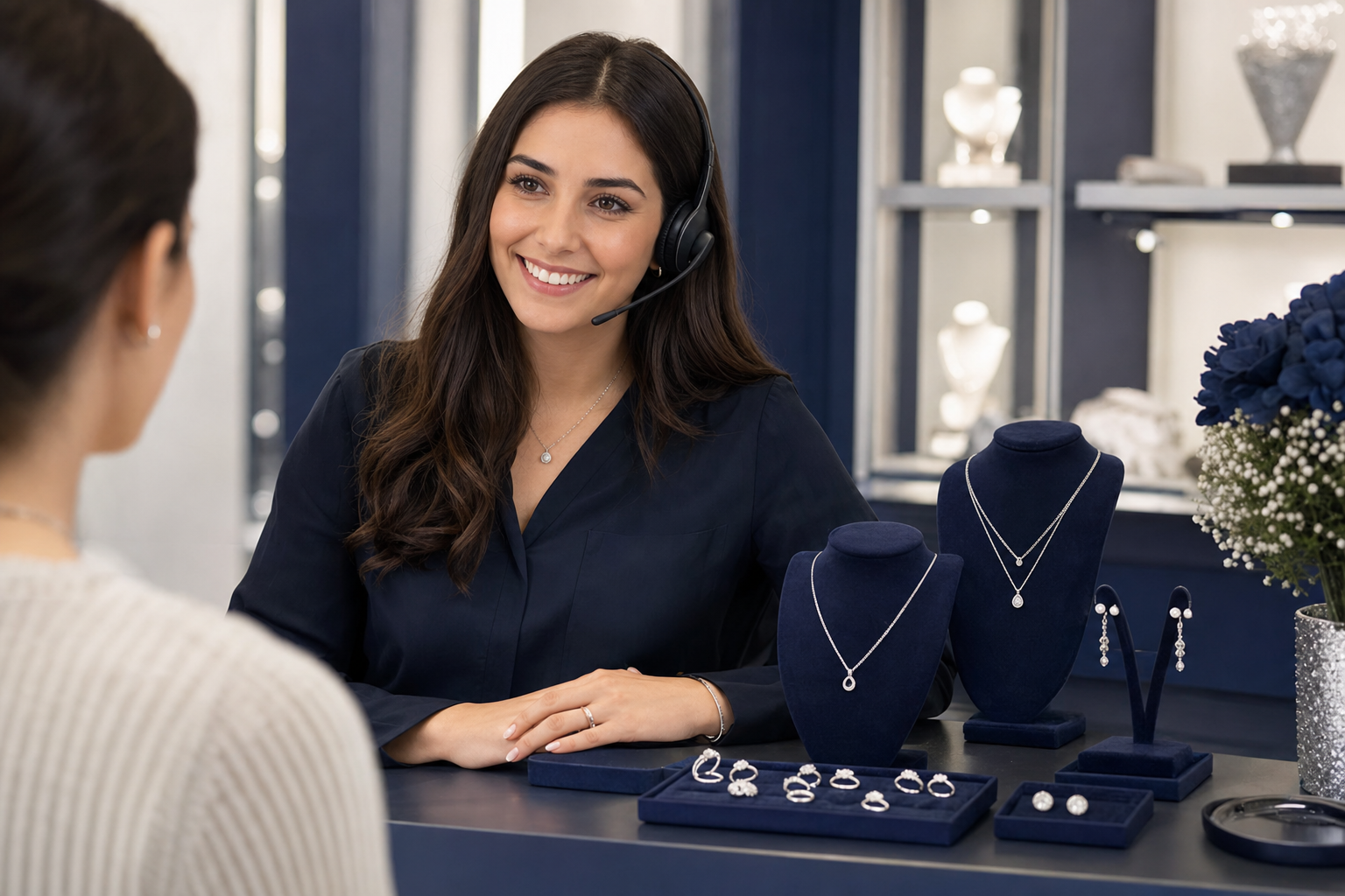 Silver Glow customer support team in a luxury jewelry boutique