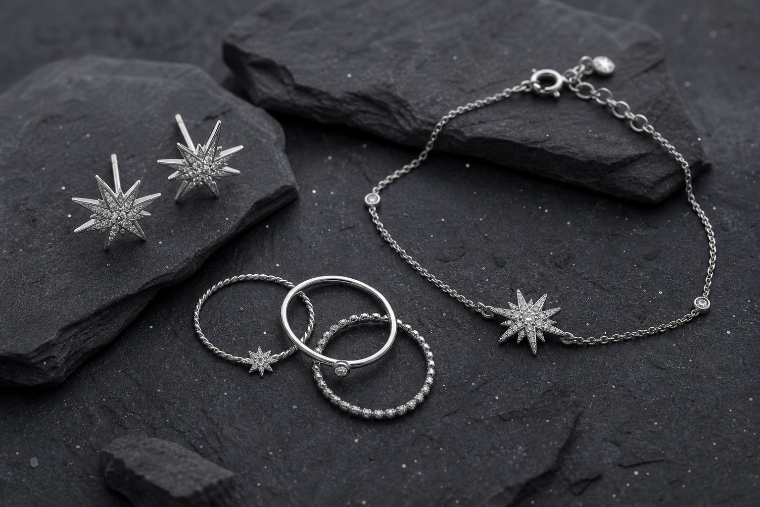 Celestial sterling silver earrings, rings and bracelet collection