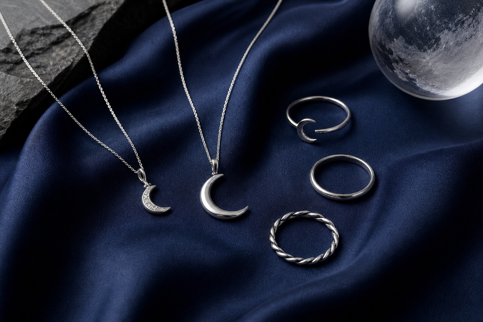 Luna sterling silver jewelry collection with moon-inspired pendants